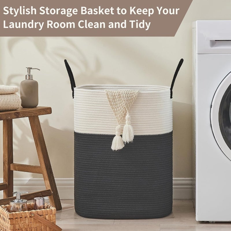 AINUOQI Laundry Basket with Handles - Blanket Basket & Hampers for Bedroom Aesthetic, Laundry Hamper & Blanket Storage for Living Room, Clothes Hamper, Tall, Large 17" x 14" x 25”, White & Black - Image 5